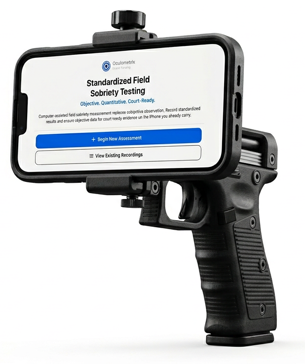 Oculometrix device — purpose-built phone with tactical holder showing SFST test interface in kiosk mode